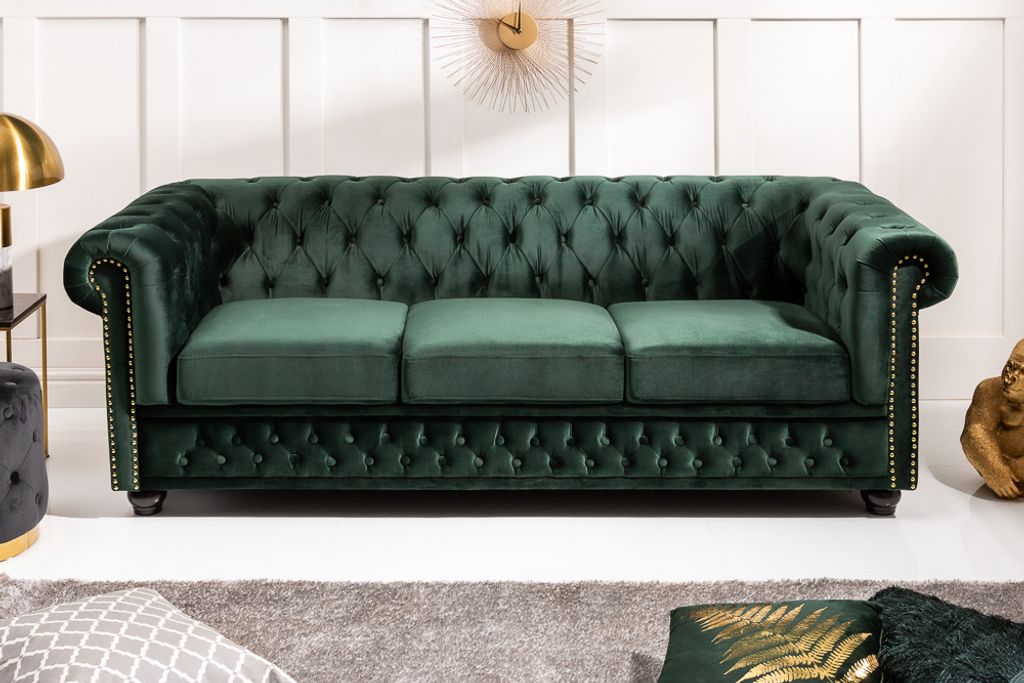 Chesterfield 3er Sofa 205cm flaschengrün Samt mit Produktbild 