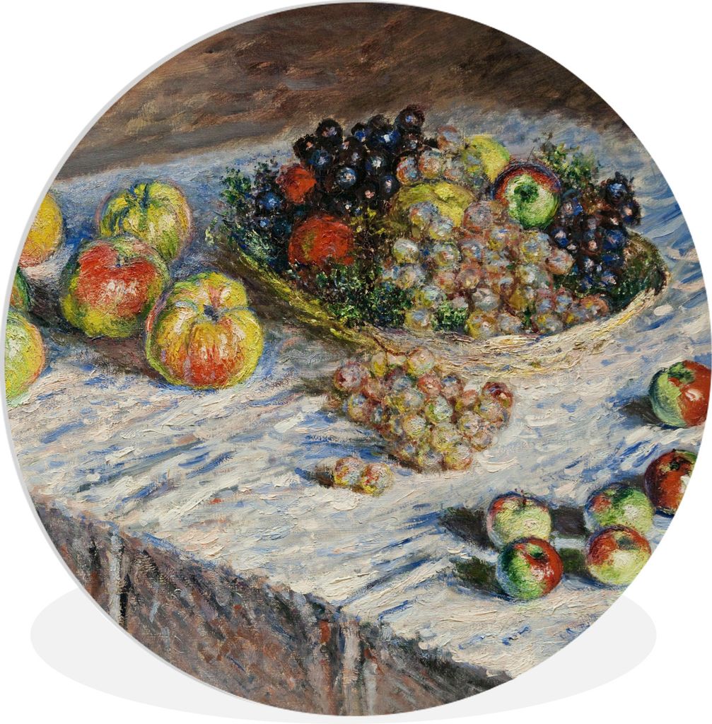 MuchoWow Rundes Wandbild - Runde Bilder Stilleben mit Äpfeln und Weintrauben - Gemälde von Claude Monet Ø 30 cm Kreis Wanddekoration Kunststof...