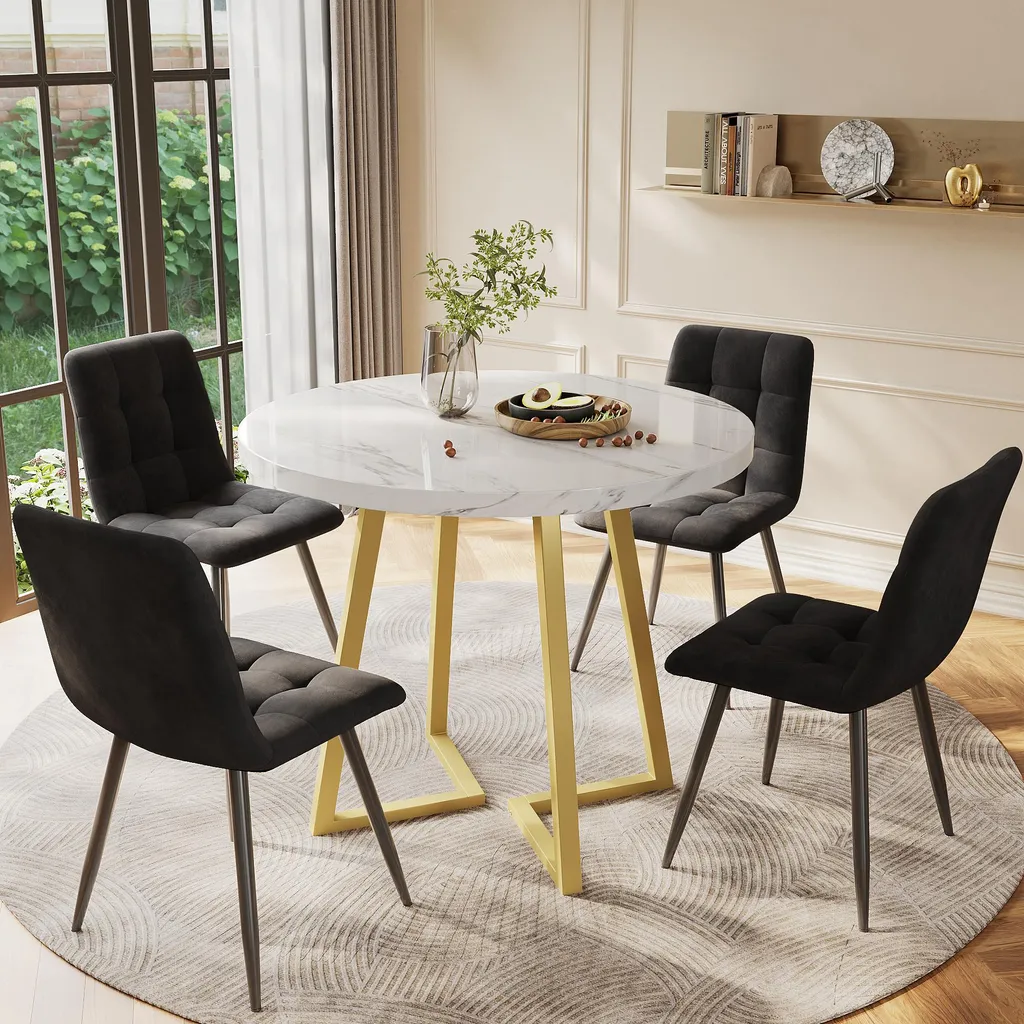 Ensemble Table à Manger Ronde 80cm Fortuna Lai et 4 Chaises en Velours
