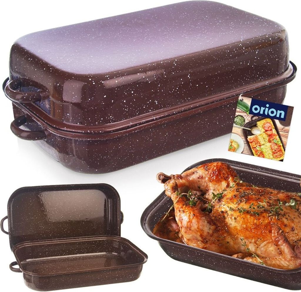 A collage of images showing a brown speckled roasting pan with a lid, an open roasting pan, and a roasted chicken in a roasting pan.