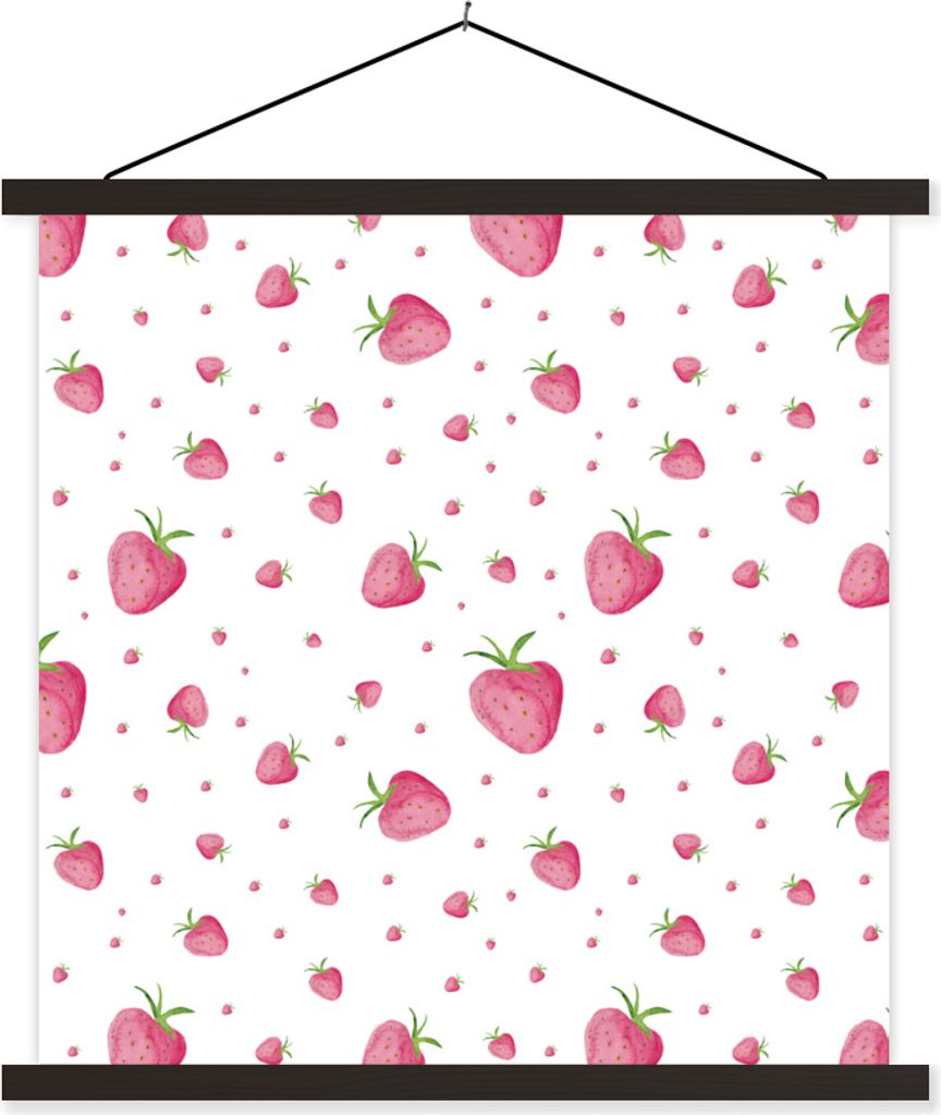 MuchoWow Textilposter Erdbeere - Aquarell - Schablonen 120x120 cm mit schwarzem Rahmen - Aufhängungsset