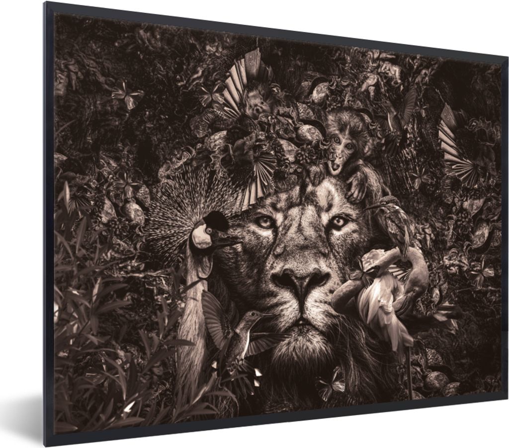 MuchoWow Gerahmtes Poster Wilde Tiere - Afrika - Schwarz und weiß 80x60 cm - Poster mit Schwarzem Bilderrahmen Wandposter Rahmen Foto Bilder - S...