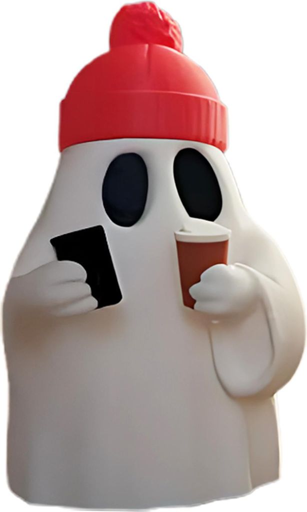Halloween-Geisterfigur, niedlicher Geist mit Telefon und Tasse, Statue, kleines Geister-Tischornament für Halloween, Heimdekoration