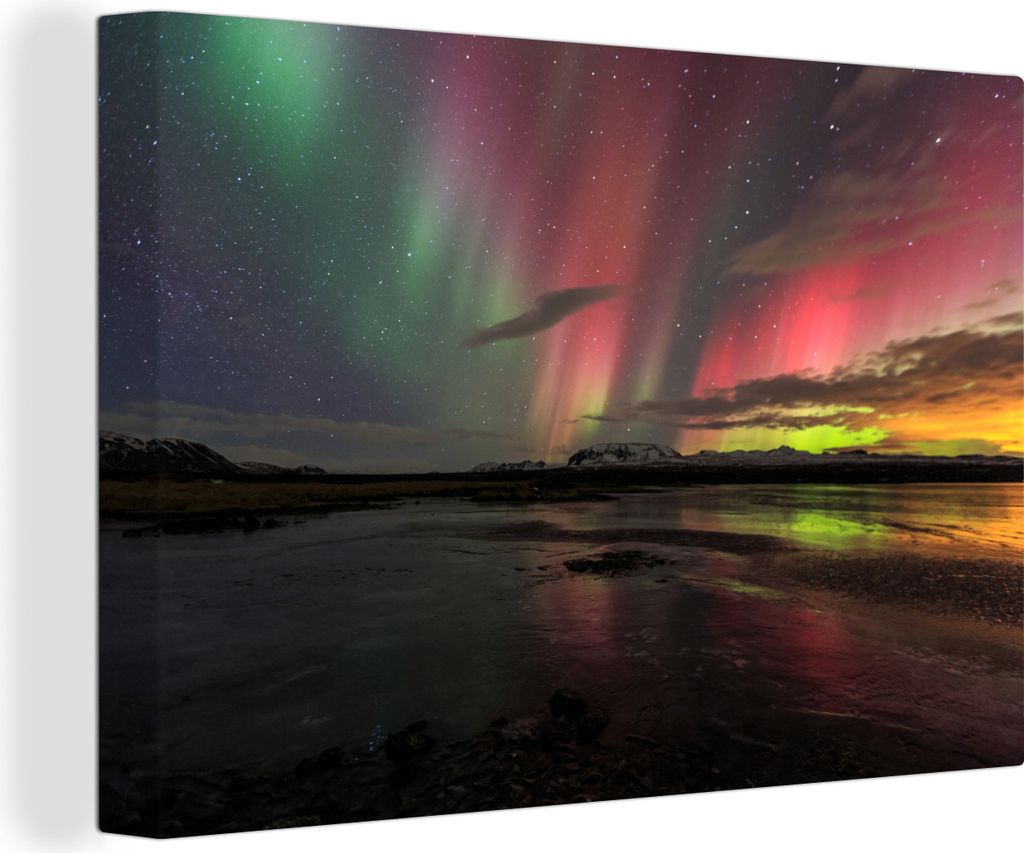 OneMillionCanvasses - Leinwandbilder - 140x90 cm, Nordlichter - Island - Farben, Wandbilder Kunstdruck Wanddekoration - Foto auf Leinwand - Gemä...