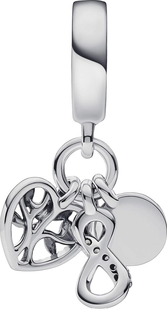 A silver charm with multiple pendants hangs from a loop.