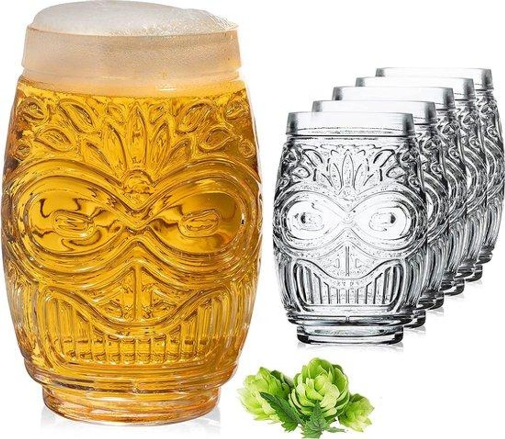 6er Set Bier- und Cocktailgläser aus Glas, 500 ml, 13 cm hoch, Hawaii-Stil, spülmaschinenfest