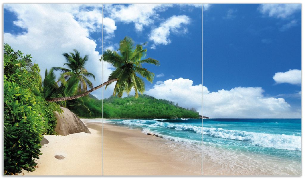 Wallario Herdabdeckplatte aus Glas, Größe 90 x 52 cm 3-teilig, Motiv Urlaub auf den Seychellen unter Palmen am Sandstrand