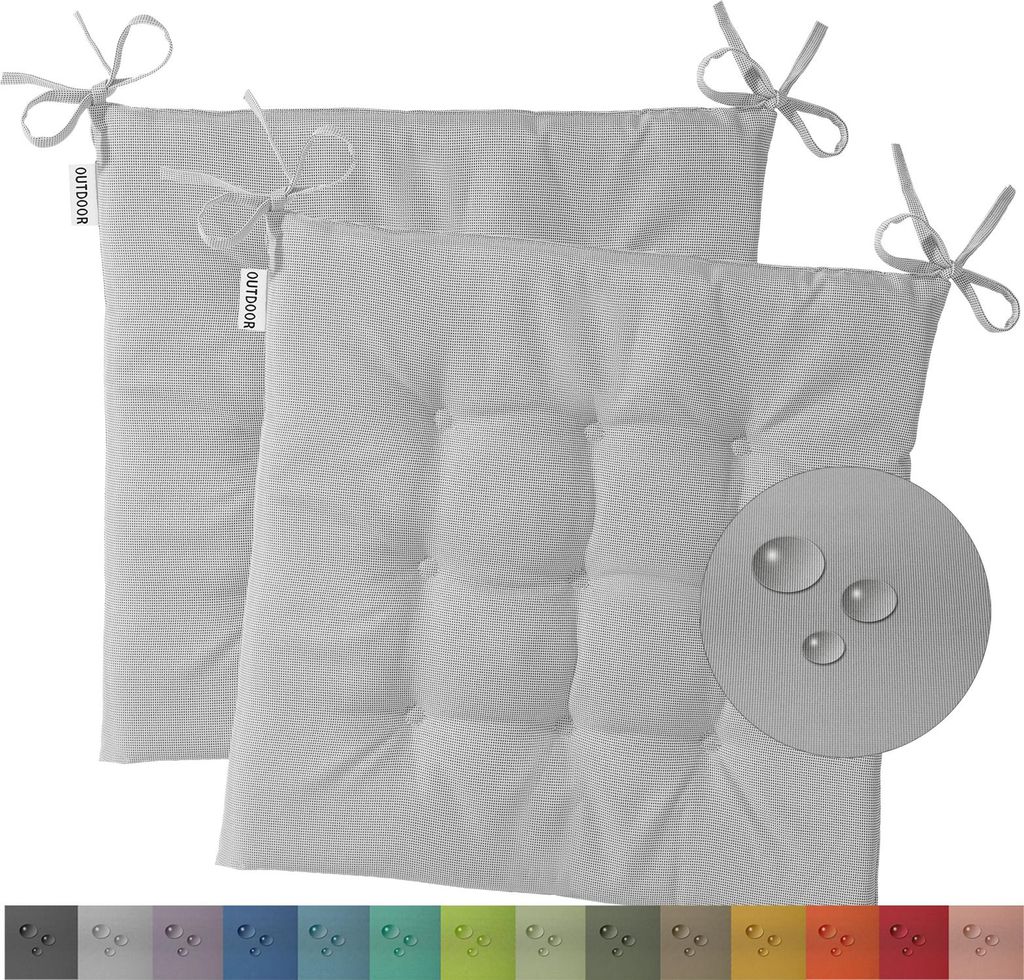 Two grey seat cushions are shown, one slightly behind the other, with ties at the top corners. A circular inset shows water droplets on a textured surface, indicating water resistance.