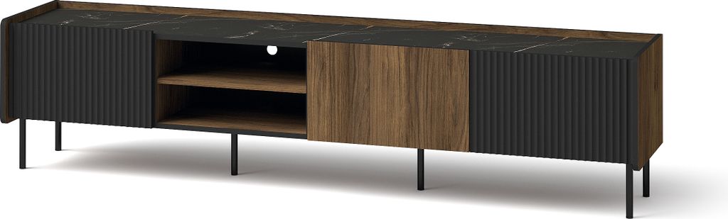 Minio, TV-Schrank "PERETO 8", 200 cm, Lowboard, Walnuss Warmia / San Sebastian / Schwarze Matte Farbe