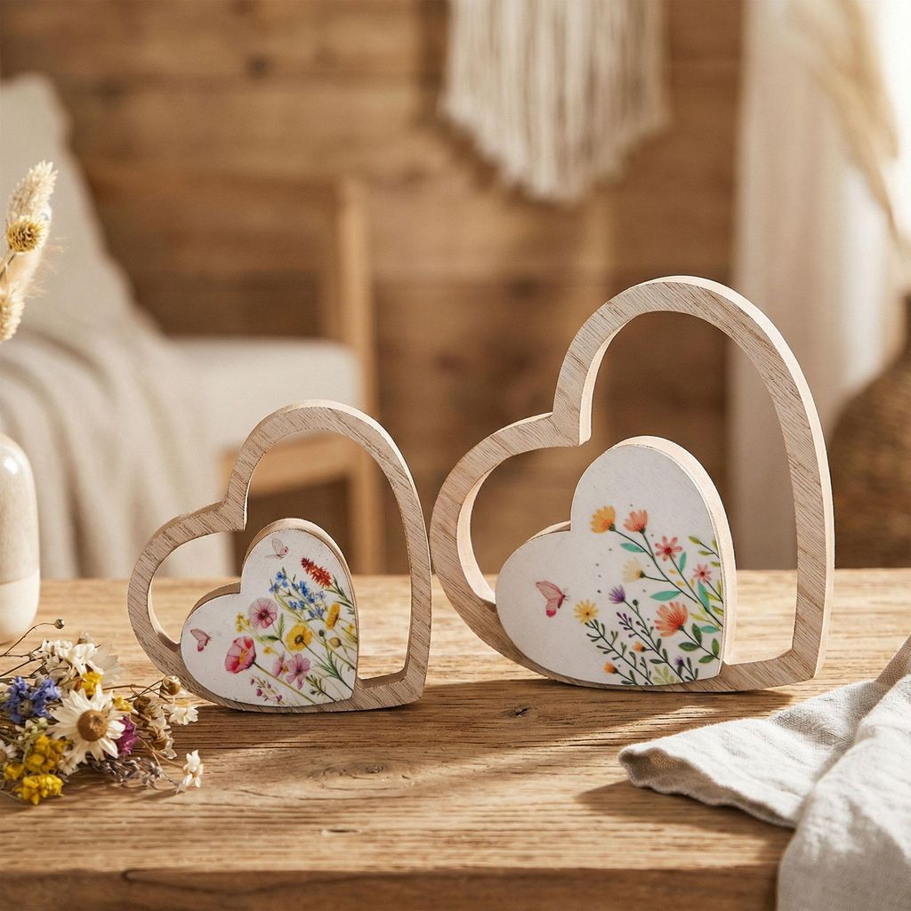 2er Set Herz Aufsteller Blume MDF Holz 11cm 15cm Natur Blumenmuster Tischdeko Frühling Ostern Wohndeko Frühlingsdeko Osterdeko
