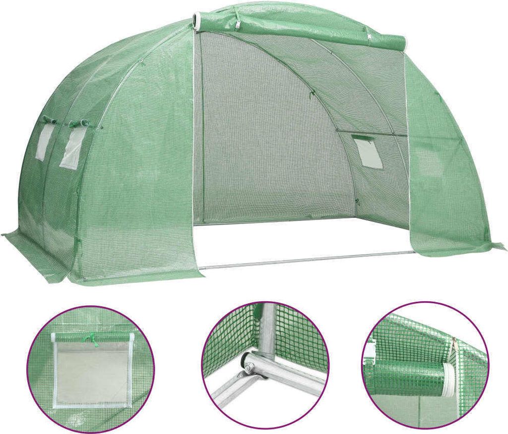 Gewächshaus 2x4x2 m Grün aus PE-Netzgewebe mit 4 Seitenfenstern und 1 Tür