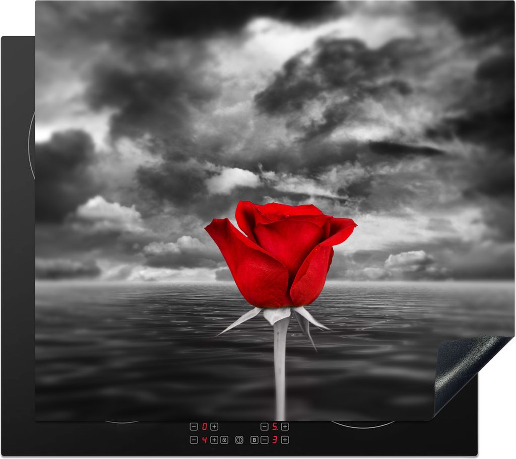 KitchenYeah Herdabdeckplatte Schwarz-Weiß-Fotografie einer roten Rose vor einem Meer und einem bedeckten Himmel , 59x51cm, Küche Deko, Glaskera...