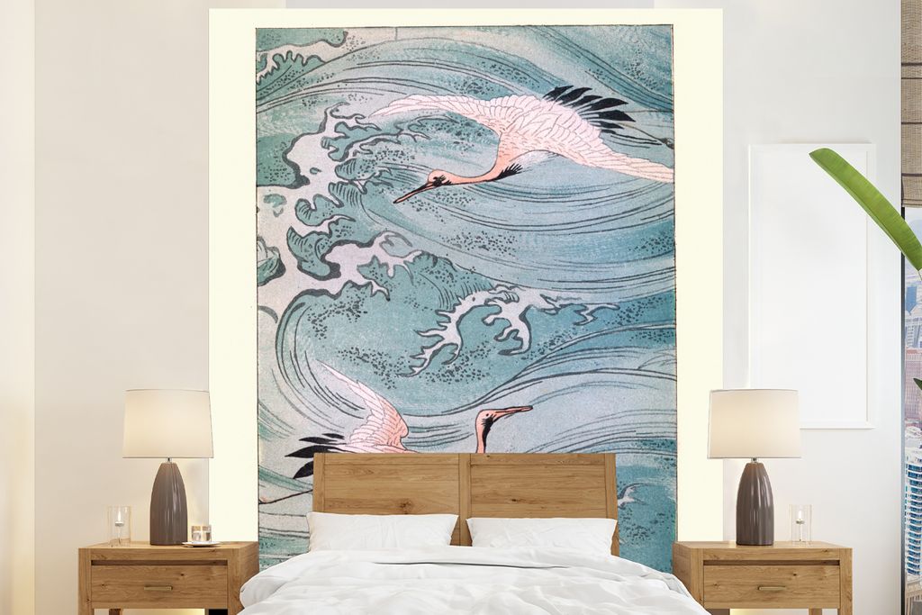 MuchoWow Fototapete für Wohnzimmer oder Schlafzimmer Wandtapete Vinyl Motivtapete Vintage-Gravur Japanische Kunst - 180x220 cm - Tapezierpapier