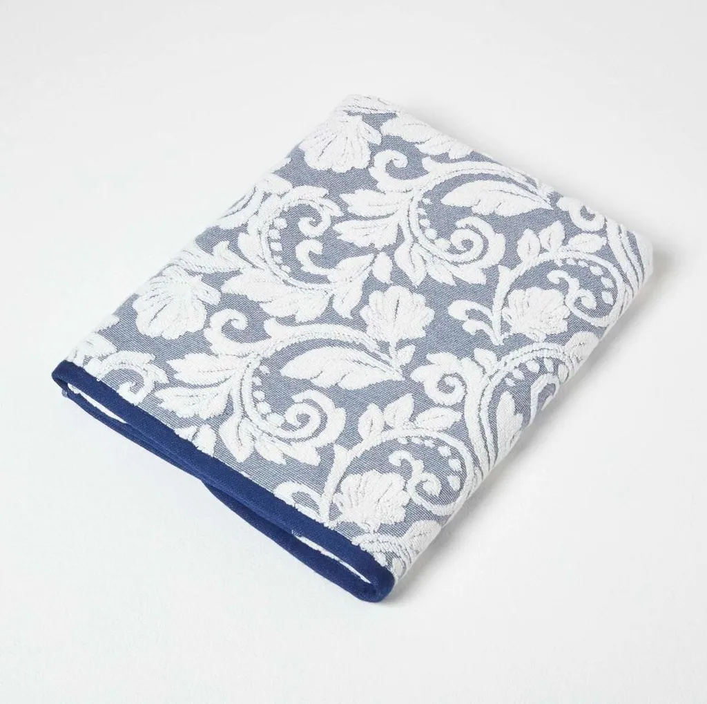 Grand Drap de Bain pour Sortie de Douche Coton Turc Damassé Bleu Foncé