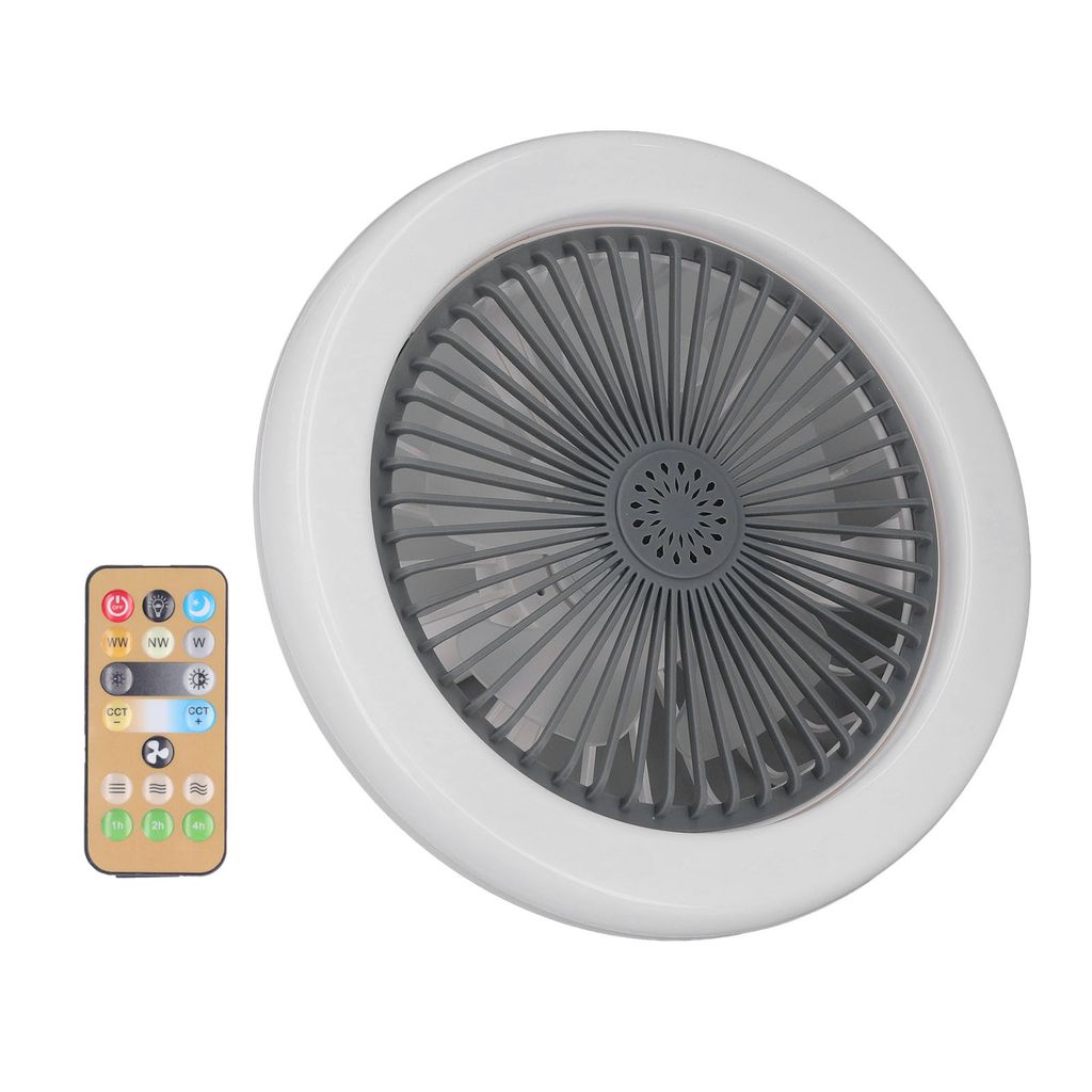 A ceiling fan with a light and a remote control are shown against a white background.