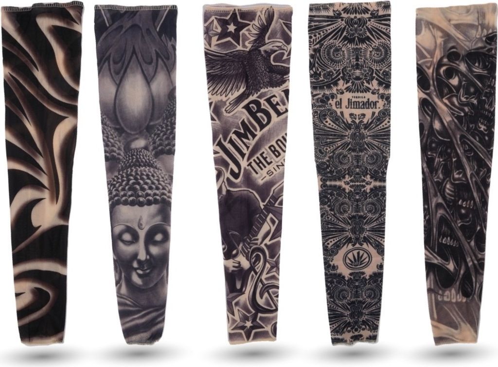 A collage of five different tattoo sleeves, each with a unique design.
