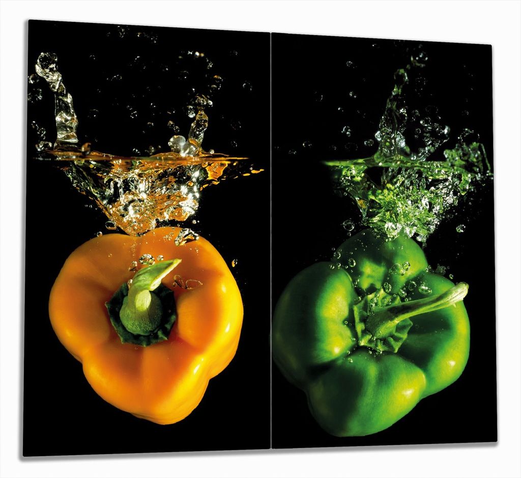 Wallario Herdabdeckplatte aus Glas, Größe 60 x 52 cm 2-teilig, Motiv Bunte Küche Paprika in orange und grün im Wasser