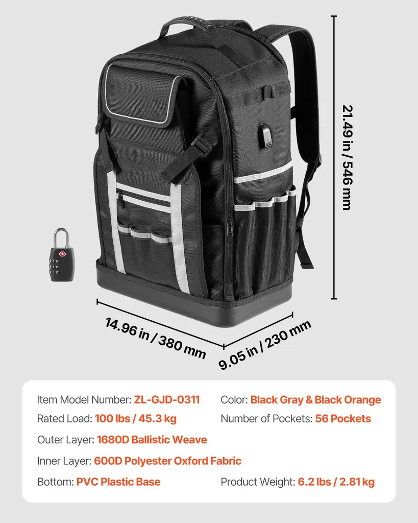 Sac à dos porte-outils robuste à 56 compartiments pour électricien Pro