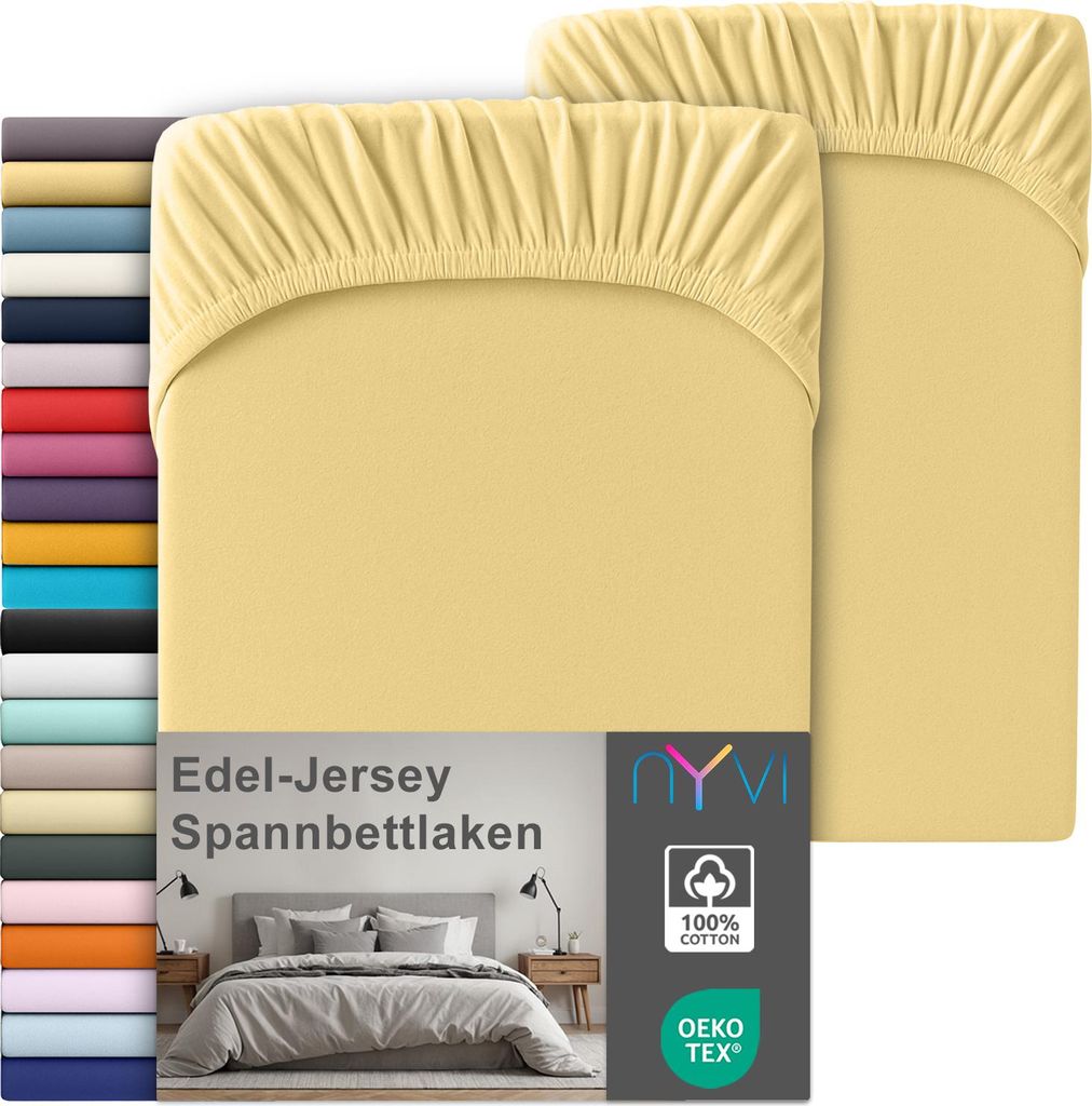 Edel Jersey Spannbettlaken Deluxe für Matratzen bis 25 cm Steghöhe - 100% Baumwolle supergekämmt, 140g/m², Rundumgummizug, Farbe:Gelb, Größe:...