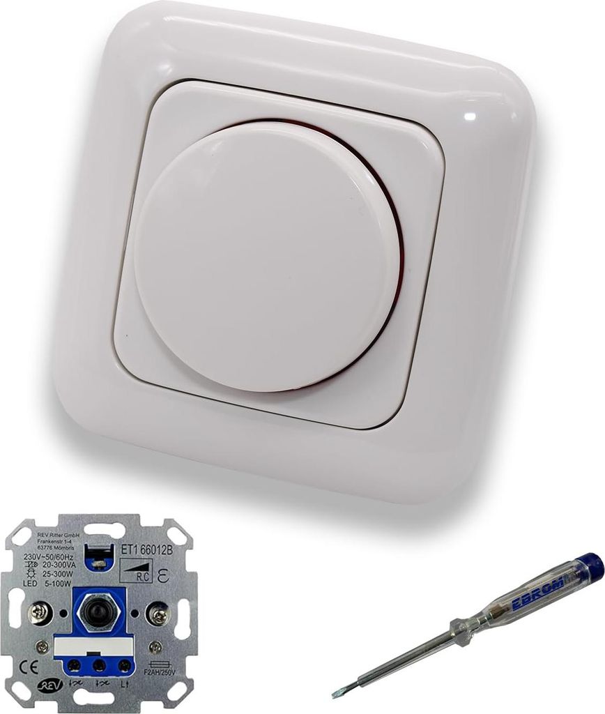 REV Ritter LED Drehdimmer LED Dimmer mit Busch Jäger Dimmerscheibe Zentralplatte 2115-214 Einfachrahmen in Reflex Si alpinweiß glänzend inklusiv...