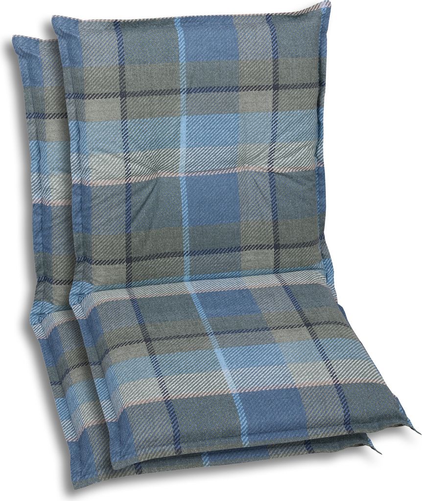 Two chair cushions with a plaid pattern.