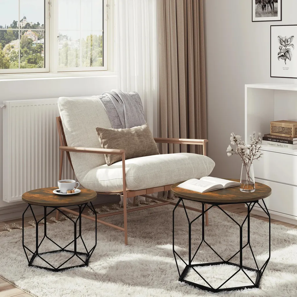 Table de salon ronde grise et table d'appoint lot de 2 design