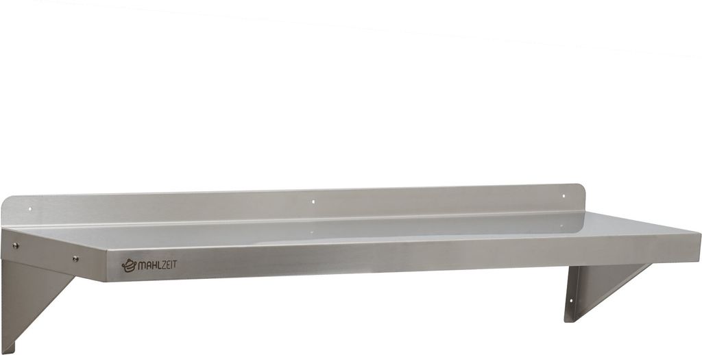 A stainless steel wall shelf mounted on a white background.