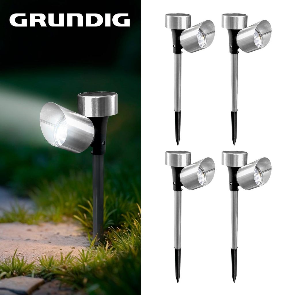 GRUNDIG LED-Solarstrahler 4er-Set, edle Gartenleuchten mit hellweißem Licht für den Außenbereich, wetterfeste Spotlights