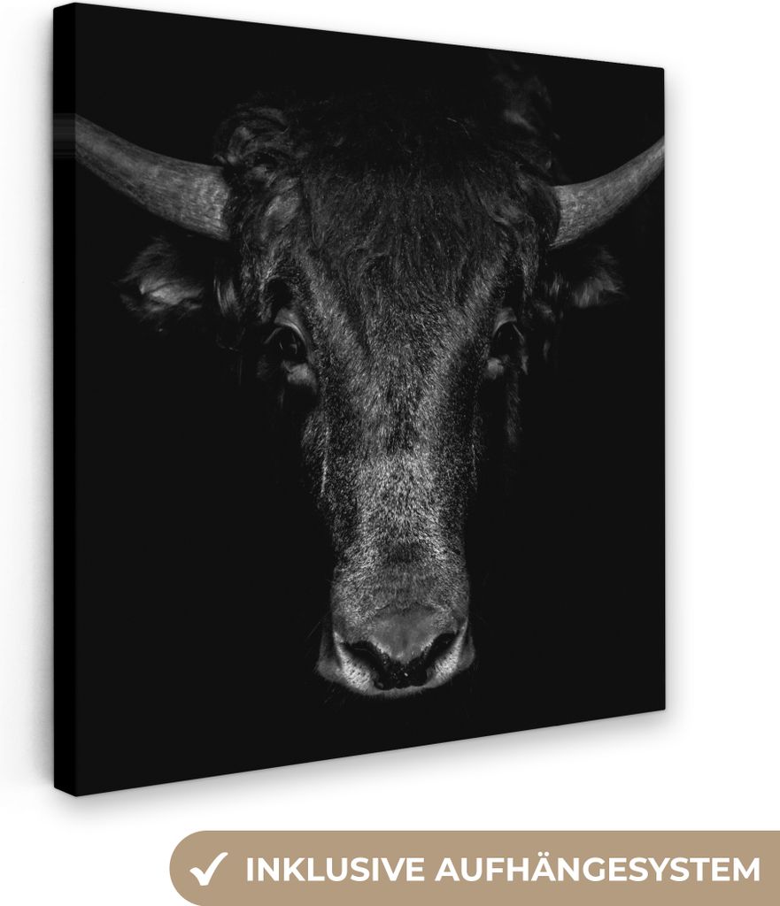 MuchoWow - Leinwandbilder - Taurus - Tiere - Schwarz - Weiß, Wandbild, Wanddeko Bilder Wohnzimmer, 90x90 cm