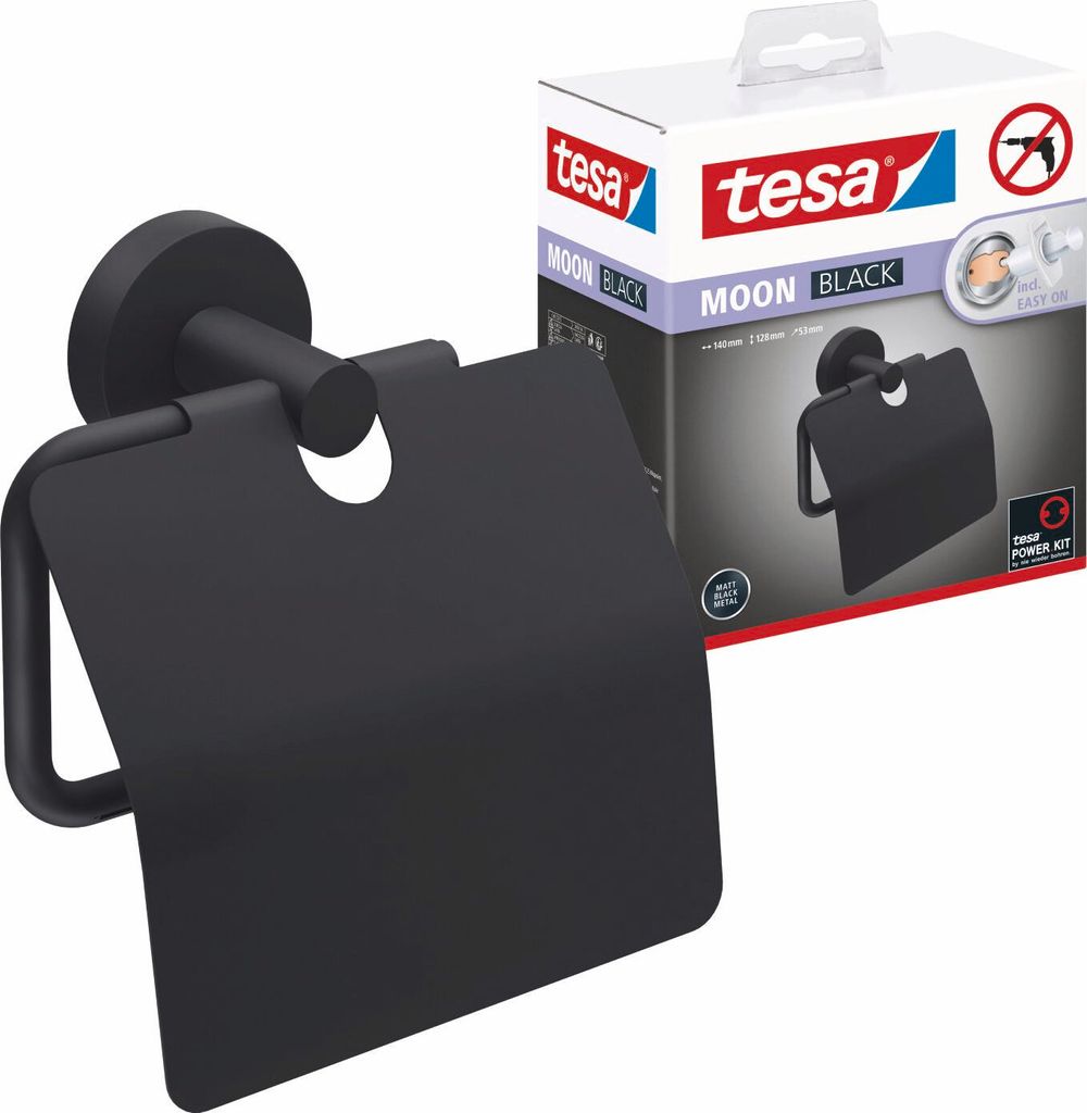 tesa MOON BLACK Toilettenpapierhalter mit Deckel, schwarz, wandmontierbar, ohne Bohren