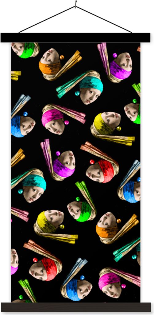 MuchoWow Textilposter Das Mädchen mit dem Perlenohrring - Regenbogen - Schnittmuster 90x180 cm mit schwarzem Rahmen - Dekoration Wohnzimmer