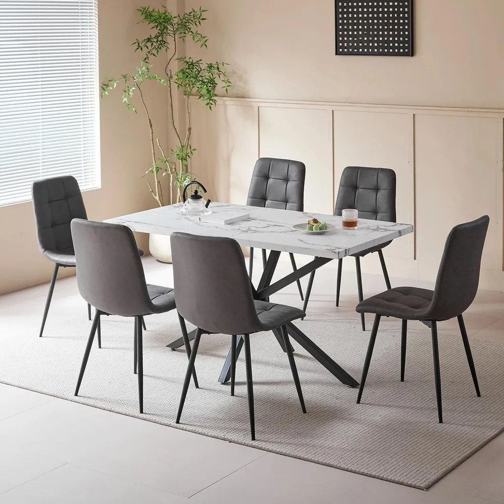 Table à manger rectangulaire 6 personnes blanc effet marbre 140cm