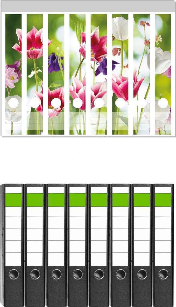 Wallario 8 Stück schmale Ordner inkl. Klebeetiketten mit Motive Blühende Blumen im Frühling in pink und weiß - Set mit Rückenschildern / Ordn...