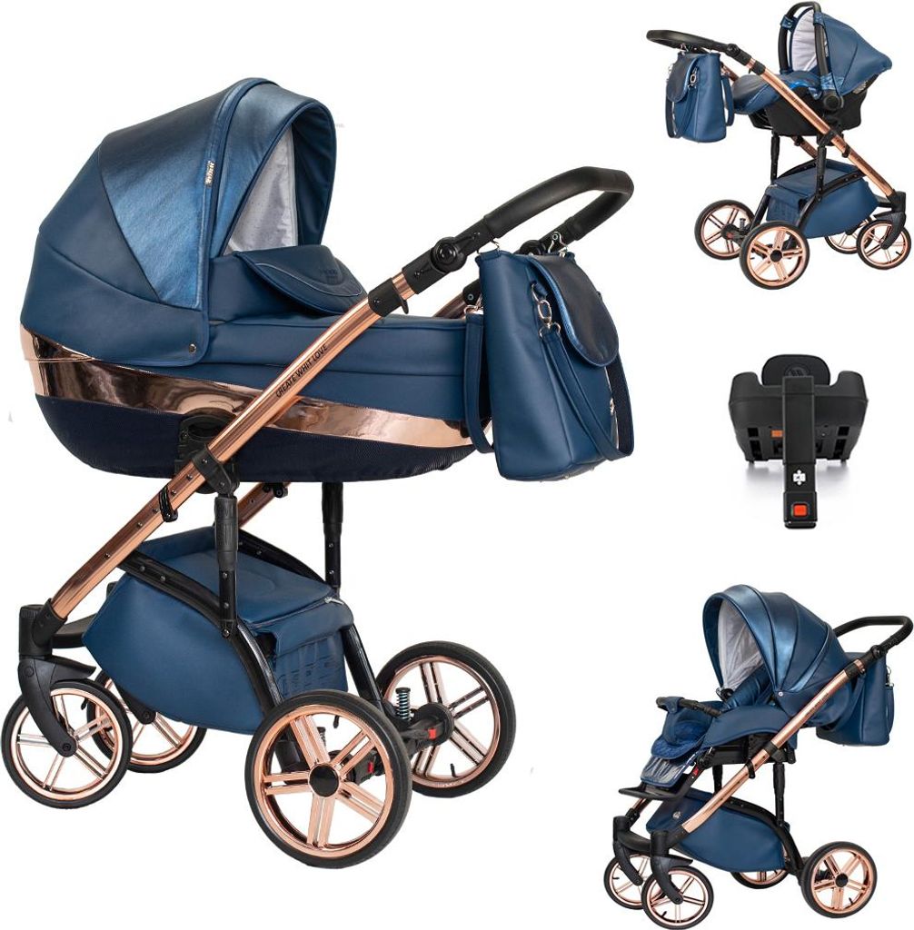 Kinderwagen-Set Vip Lux 5 in 1 inkl. Sportsitz, Autositz, Iso Base und umfangreichem Zubehör in Farbe Blue Velvet - in 21 Farben erhältlich