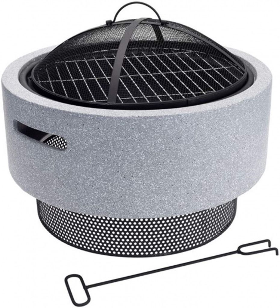 A round, light gray fire pit with a black mesh lid and a black poker on a white background.