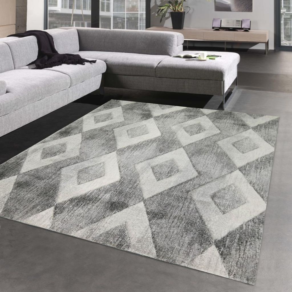 Abstrakter FLURLÄUFER Teppich mit Rauten in creme grau Größe - 160x230 cm