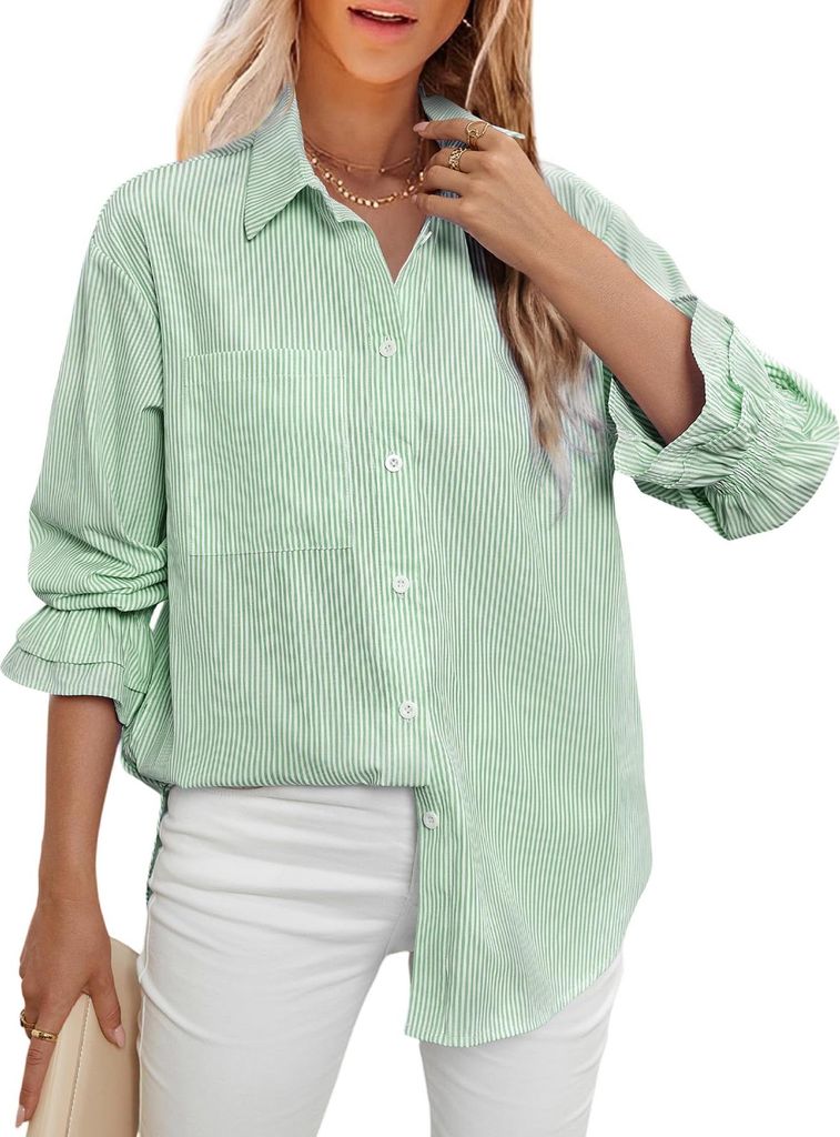 ASKSA Damen Bluse V Ausschnitt Langarm Knoepfen Elegant Hemdbluse Casual Hemden Gestreifte Brusttasche Oberteile (Gruen,M)
