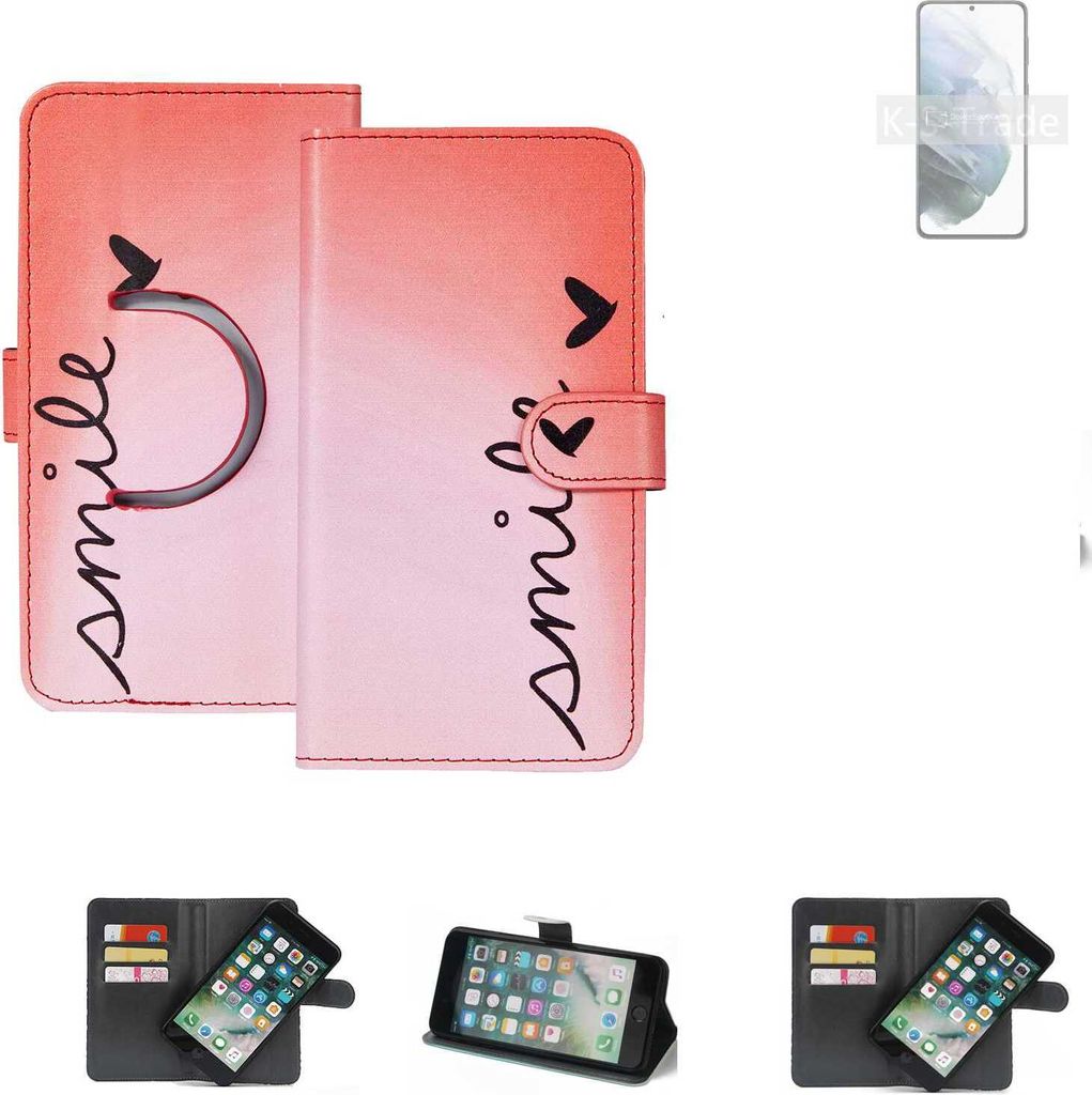 K-S-Trade Schutzhülle Handyhülle kompatibel mit Samsung Galaxy S21+ 5G Exynos Hülle cover bookstyle Etui ''smile'' rot Standfunktion Kameraschutz