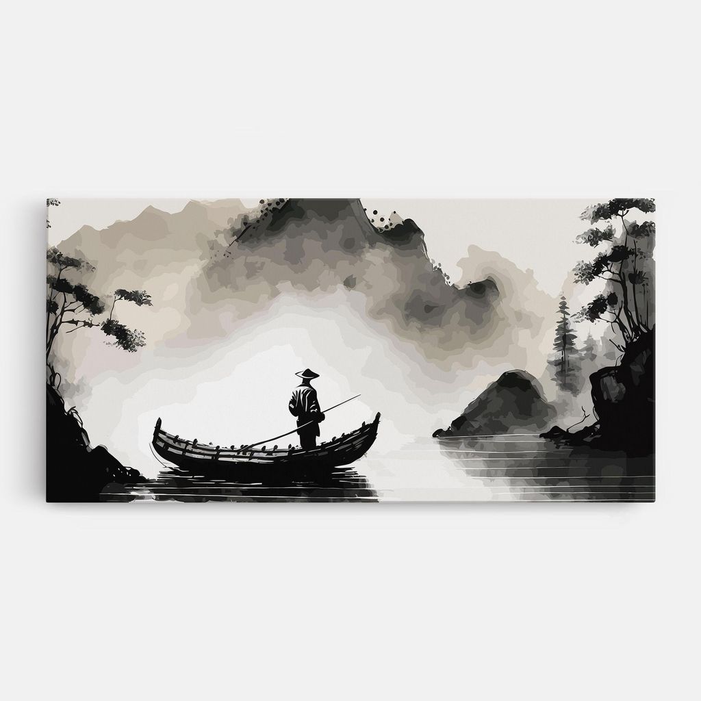 ARTHUB Leinwandbild 40x80 cm, Black Ink Boat | Wohnzimmerdekoration, Hängende Bilder, Wanddekoration, Heimdekoration, Moderne, Asiatisch