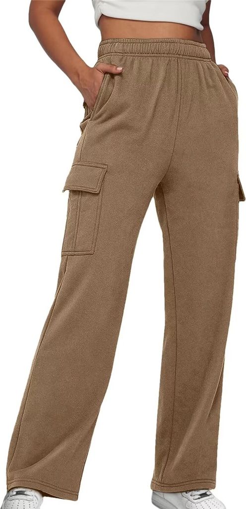 ASKSA Damen Jogginghose Cargohos Waist Freizeithose Weitem Bein Sporthose mit Taschen, Dunkelbraun, S