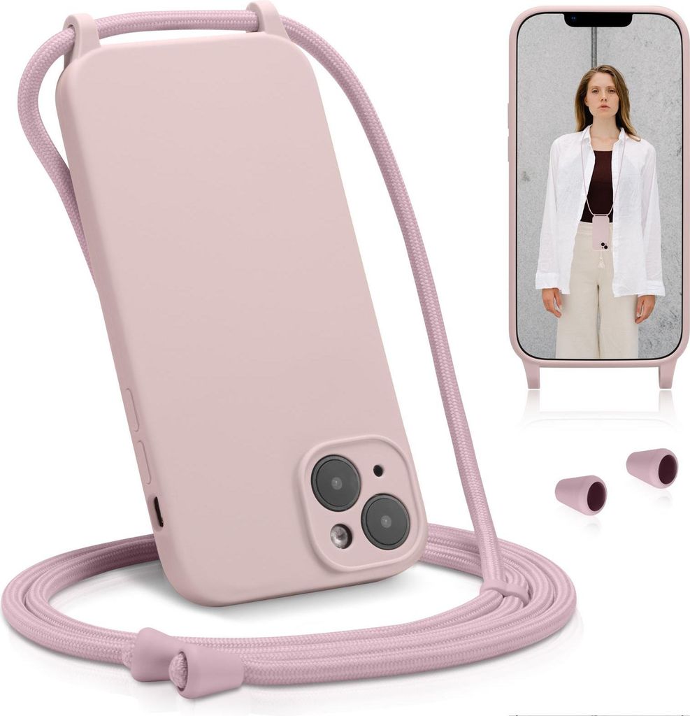 Silikonhülle für iPhone 12 mit abnehmbarer Handykette in matt Rosa, inkl. 2 Blickschutz Displayschutzfolien aus gehärtetem Glas, stoßfest, krat...