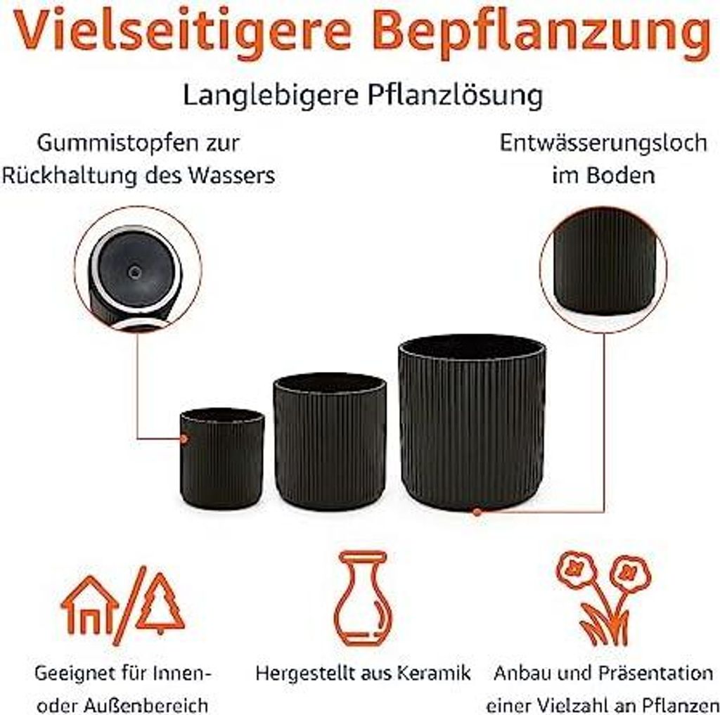 Basics Rund, Geriffelte Keramik-Pflanzgefäße, verschiedene Größen, 3 Stück, Schwarz, 15.2, 20.3 und 25.4 cm