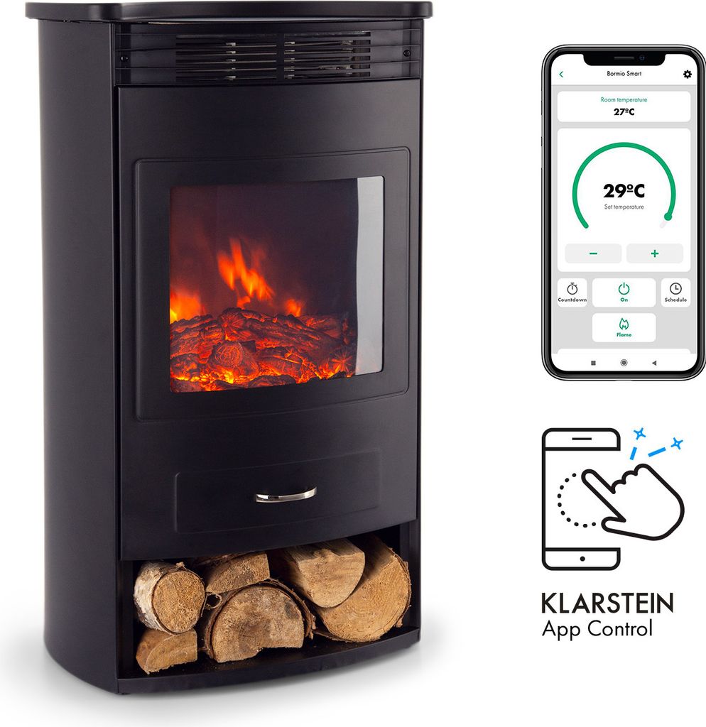 Klarstein Elektrokamin, Elektro Heizungen für Wohnzimmer & Innenräume, Elektrischer Kamin mit LED Flammen, Kamin mit Fernbedienung, Heizlüfter mit Timer, Einstellbarer Thermostat, Heizung 1900 W