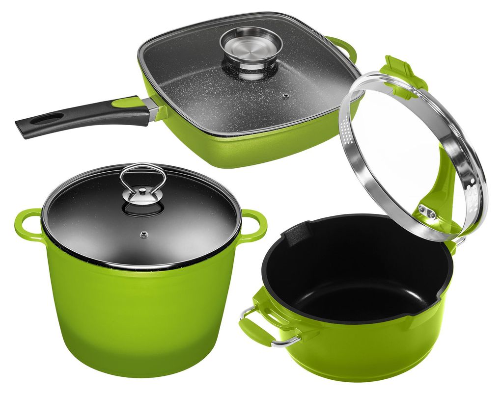 6tlg. KING Küchenset »3WAY GRÜN« Ø24cm 7L XXL Kochtopf + Ø20cm Multifunktionstopf + 28x28cm Rechteckpfanne