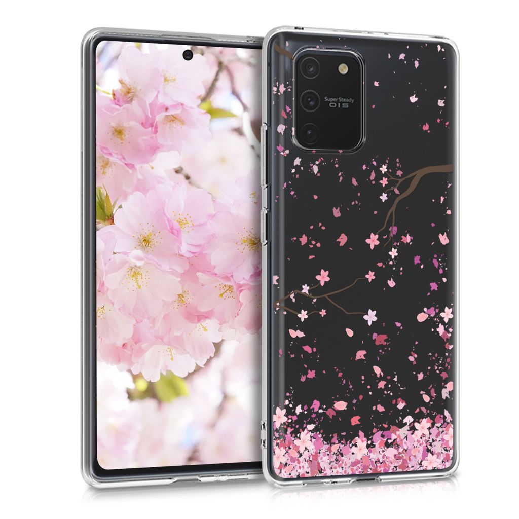 kwmobile Case kompatibel mit Samsung Galaxy S10 Lite - Hülle Silikon transparent Kirschblütenblätter Rosa Dunkelbraun Transparent