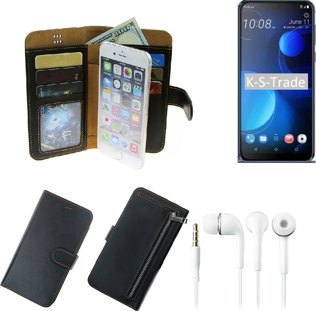 TOP SET Handy Hülle Schutz Hülle kompatibel mit HTC Desire 19 Plus schwarz aus Kunstleder + Kopfhörer Smartphone Tasche vollwertige Geldbörse