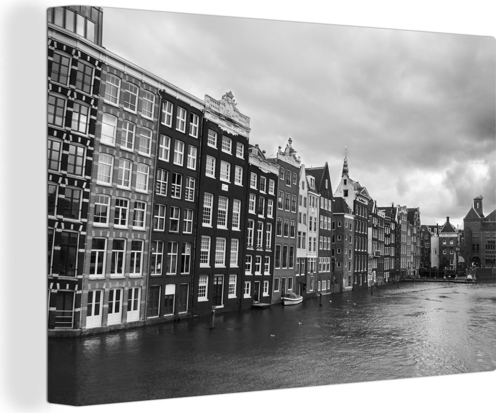 OneMillionCanvasses - Leinwandbilder - 140x90 cm, Amsterdam Grachten Schwarz-Weiß-Fotodruck, Wandbilder Kunstdruck Wanddekoration - Foto auf Lei...