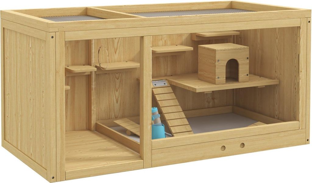 Hamsterkäfig Holz Kleintierstall, Spielhaus für Gerbils, mit Schaukeln, Leitern, zu öffnendem Dach, Hütte, 100cm, Natur