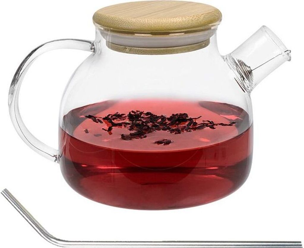 Teekanne aus Glas und Bambus 1 Liter + 4 Trinkhalme aus Edelstahl