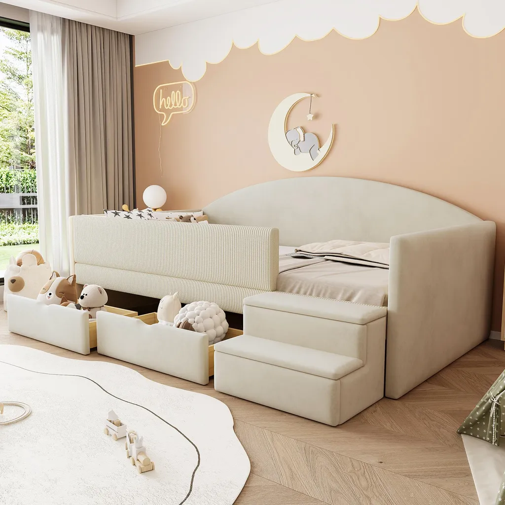 Canapé-lit enfant 90x190cm en velours beige avec tiroirs de rangement